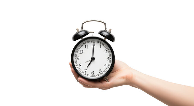 Hand holding a vintage alarm clock showing seven o clock isolated on transparent background