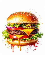 Colorful, detailed burger with melted cheese and vibrant splashes