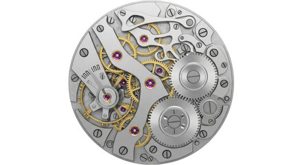 Intricate antique pocket watch movement isolated on transparent background