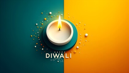 Happy diwali bright  yellow and teal background with simple white diya oil lamp