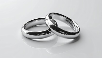 Two polished silver wedding bands rest on a white surface