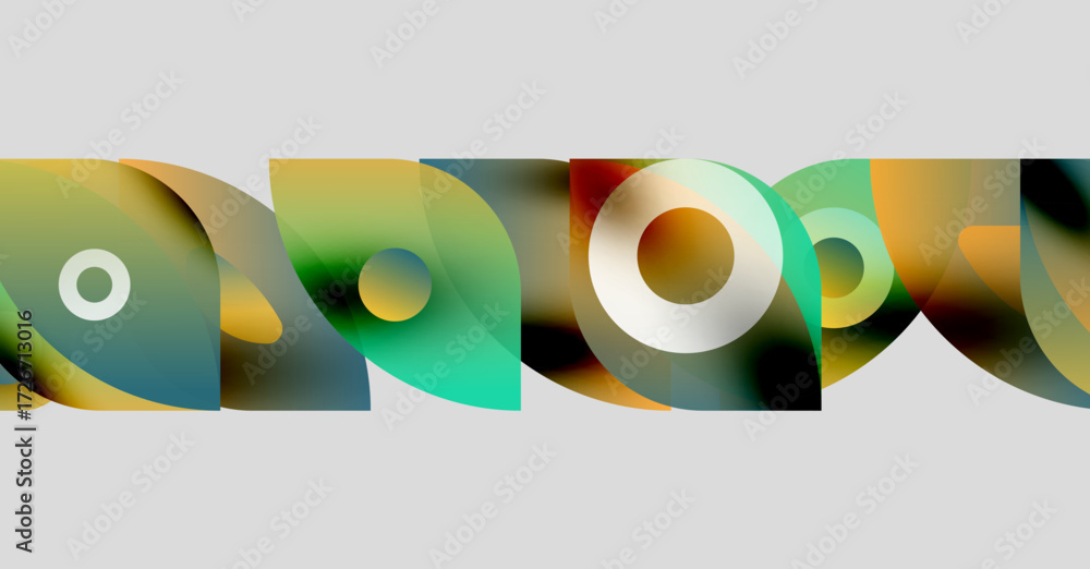 Poster abstract shapes overlap, creating colorful patterns. circles, curves, gradients dominate composition