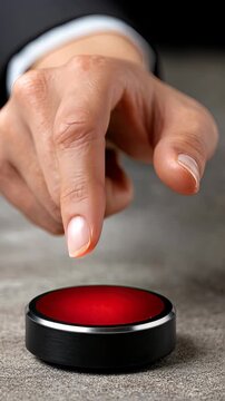 Close view of a hand confidently pressing a red button in a series of deliberate steps, highlighting the moment of action and enthusiasm