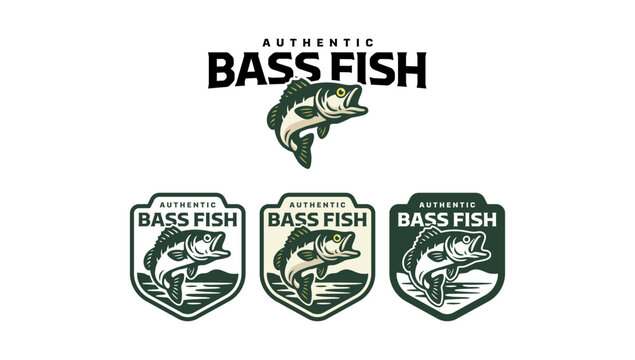 bass fish, largemouth fish mascot illustration vector logo design collection for fishing club, angling tournament and adventure. Angler freshwater fish retro badge logo vector design set for outdoor