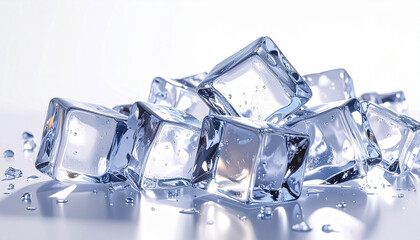 Crystal clear ice cube transparent glossy cold refreshing scattered water drop closeup white background realistic illustration clean pure frozen chill beverage