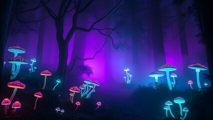 Neon glowing mushrooms in dark fantasy forest landscape