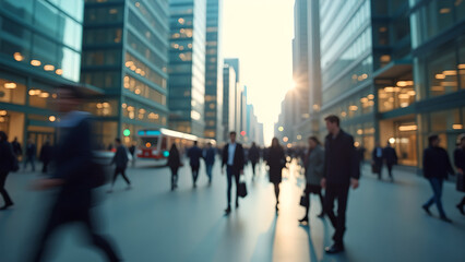 Obraz premium Blurred image of city street with modern skyscrapers, people walking to work, urban lifestyle, blur effect.