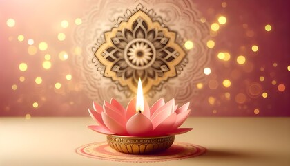 beautiful and elegant Happy diwali golden background with decorated pink lotus shaped diya oil lamp  and  blank text space, Bokeh effect