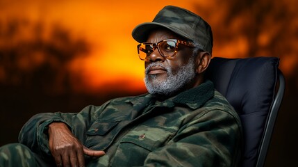 Fototapeta premium Elderly African American Man in Camo Jacket with Sunset Backdrop Relaxing in Chair