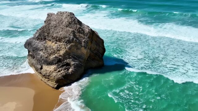 Large rock formation at a beach with turquoise waves