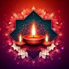 Happy diwali dark red and purple background with decorated lotus shaped diya oil lamp , Bokeh effect
