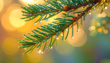 Pine needles morning dew macro photography soft glow effect, sunlight bokeh, nature closeup, fresh water drops, evergreen branch, tranquil atmosphere