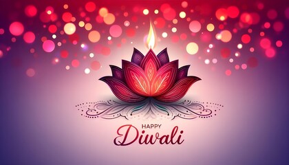 Happy diwali dark red and purple background with decorated lotus shaped diya oil lamp  and  blank text space, Bokeh effect