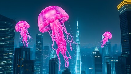 Glowing pink jellyfish swimming in futuristic neon city underwater scene