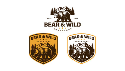 wild bear animal with forest retro badge logo vector design set for wildlife and outdoor. Grizzly with pine trees and mountain illustration vector logo design collection for hunting and adventure