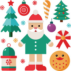 Vector art of flat design illustration of santa claus with christmas trees, ornaments, candy canes, and gingerbread cookies