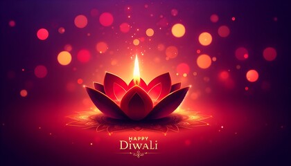 Happy diwali dark red and purple background with decorated lotus shaped diya oil lamp  and  blank text space, Bokeh effect