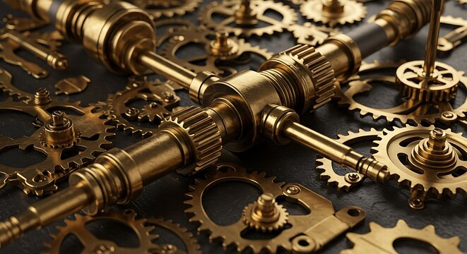  Intricate brass clockwork mechanism with vintage gears and cogs in steampunk style, detailed industrial machinery background for technology and history concepts.