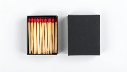 Two black matchboxes, one open, showing wooden matches with red tips