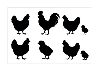 Collection of silhouetted roosters, hens, and chicks in various poses