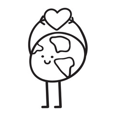 Global Kindness Concept. Humorous vector illustration of a smiling globe hugging a heart, simple outline style.