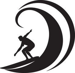 Surfer riding wave curve black logo and icon, flat vector illustration