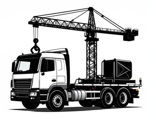 Truck-mounted crane, black and white