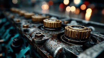 Close-Up of Vintage Engine Part with Rusty Metal and Golden Caps in Urban Environment