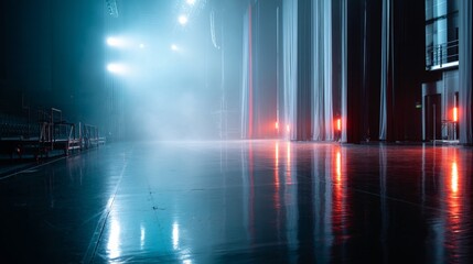 Dramatic empty theater stage with red velvet curtains, swirling mist, glowing floor reflections, and colored lights from a low angle, evoking a sense of anticipation and mystery