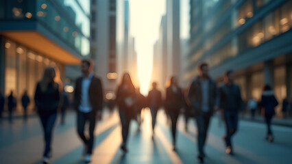 Blurred image of city street with modern skyscrapers, people walking to work, urban lifestyle, blur effect.