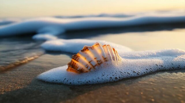 A beautiful seashell sits elegantly beach as gentle waves roll in at sunset, creating a mesmerizing scene filled with tranquility and natural beauty that invites relaxation and peaceful contemplation