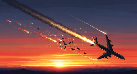 Airplane in distress engulfed in flames and debris falling from the sky during sunset