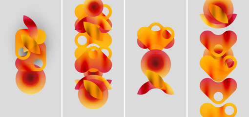 Abstract shapes, warm colors dominate. Orange, red hues blend, creating dynamic compositions. Minimalist style, geometric forms present.