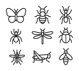 Set of nine insect icons including butterfly, ant, dragonfly, mosquito, grasshopper, and bee