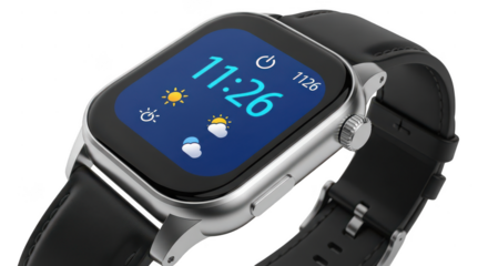 Modern smartwatch with digital display showing time and weather isolated on transparent background