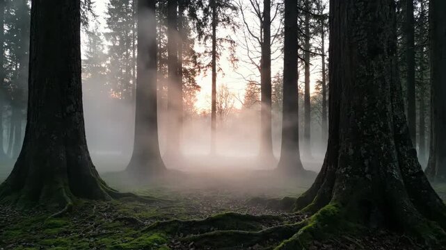 Ethereal timelapse of thick mist and fog rolling slowly through a dense, ancient forest at dawn thick mist, forest, relaxation