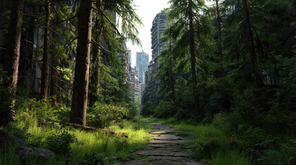 Fototapeta premium Urban expansion vs vegetation creates striking contrast in this serene landscape where nature reclaims its space among towering structures