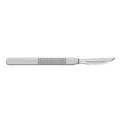 A stainless steel surgical scalpel with a textured handle and sharp blade, isolated on a plain white background.