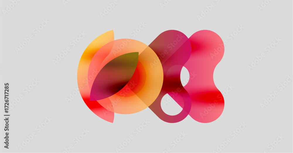 Poster abstract shapes overlap, creating vibrant color blends. soft gradients suggest fluidity, warmth, mod
