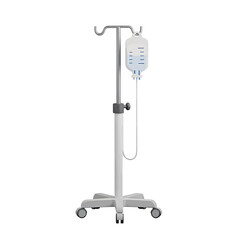 Medical intravenous drip stand with a bag of saline solution hanging from it.