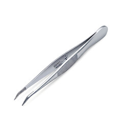 Close-up shot of a surgical instrument, angled tweezers, isolated on a white background.