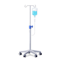 Illustration of an IV drip stand with a bag of blue liquid.