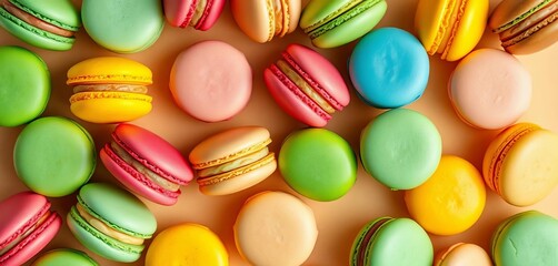 Delightful colorful macarons arranged in a seamless repeating pattern on a beige background, bakery, repeat