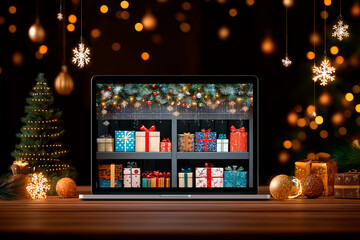 Laptop Screen Displaying Online Shopping for Christmas and New Year Gifts Surrounded by Decorations