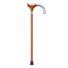 A detailed illustration of a brown and silver walking cane, designed for support and stability.