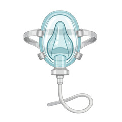 Illustration of a transparent medical oxygen mask with straps and a connecting tube for respiratory support.