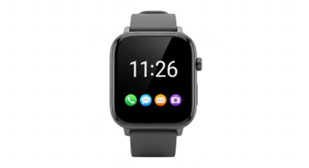 Modern smartwatch with digital display and app icons isolated on transparent background