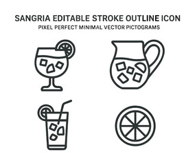 Minimal line icons of sangria glass, pitcher, orange slice, ice cubes