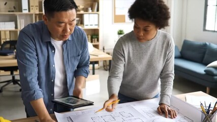 Architects collaborating over blueprints in a modern design office