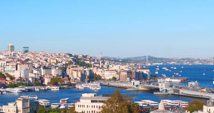 Sunny Day view of Camila Tower, Bosphorus, Galata Tower, Golden Horn Istanbul, Turkey, Turkiye
